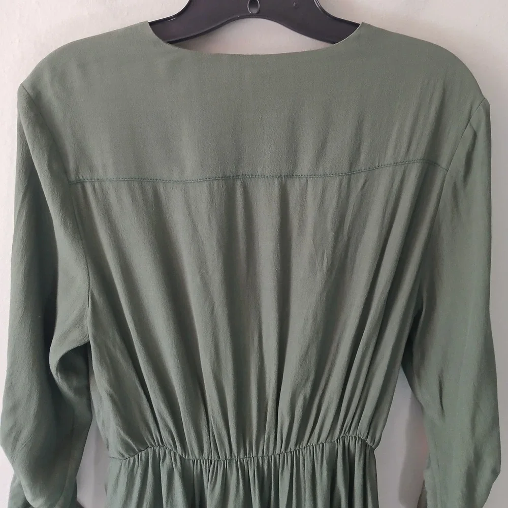 Maeve Women's Size XS Olive Green Faux Wrap Midi Dress Zip Pockets Roll-Tab - Picture 10 of 12
